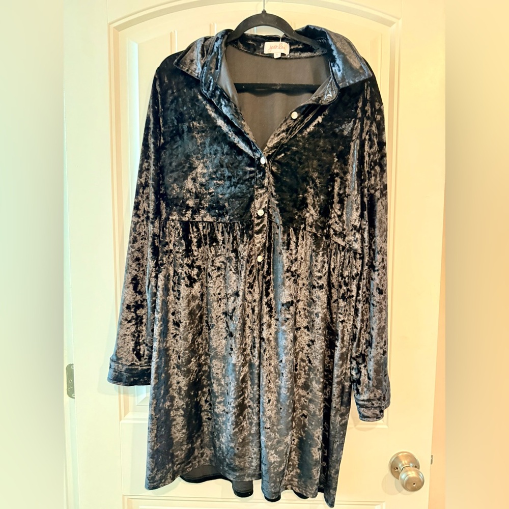 Jess Lea Sz Large Black Soft Velvet Button-Up Dress